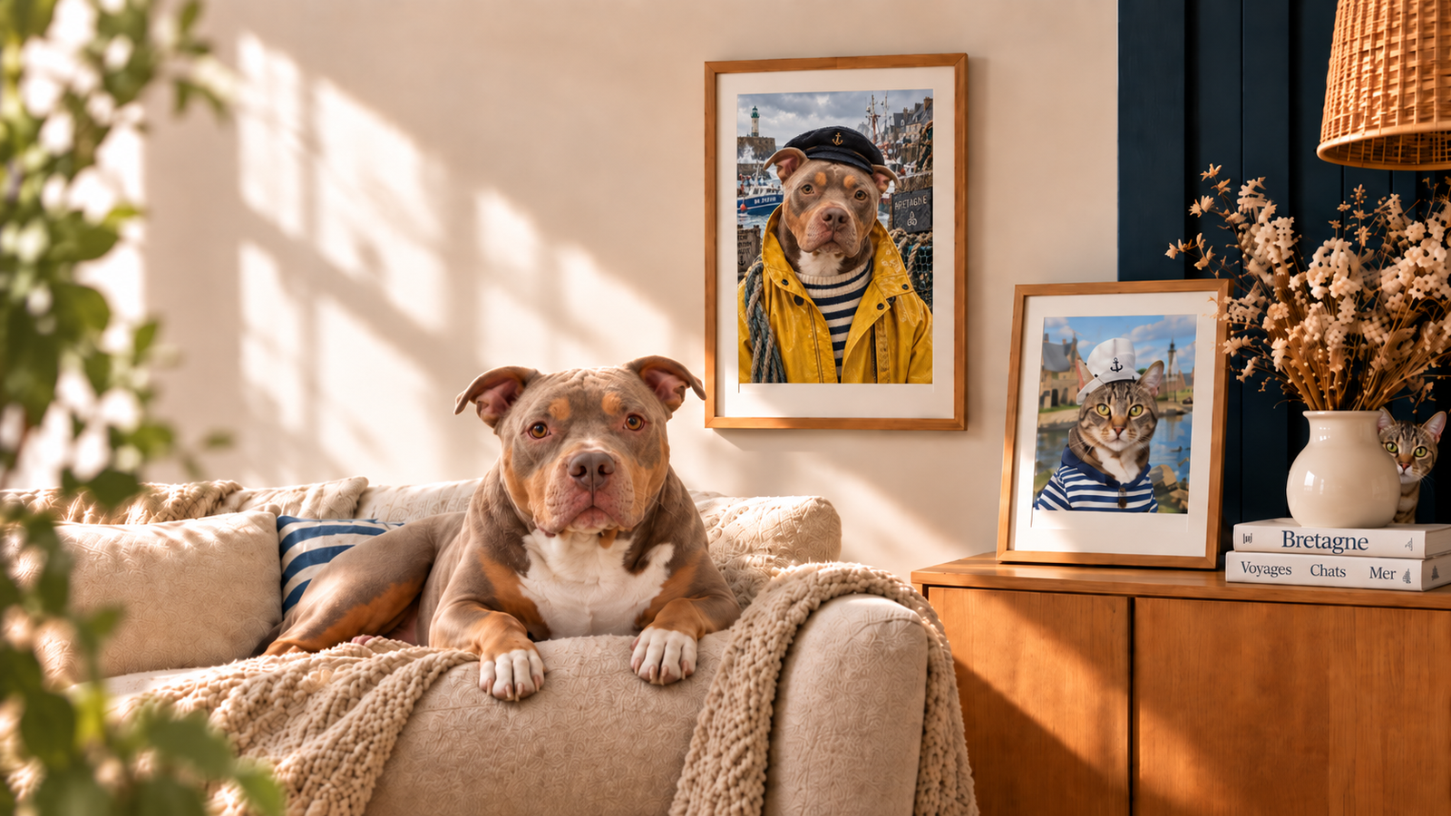 Rio dans un salon chaleureux avec ses portraits personnalisés